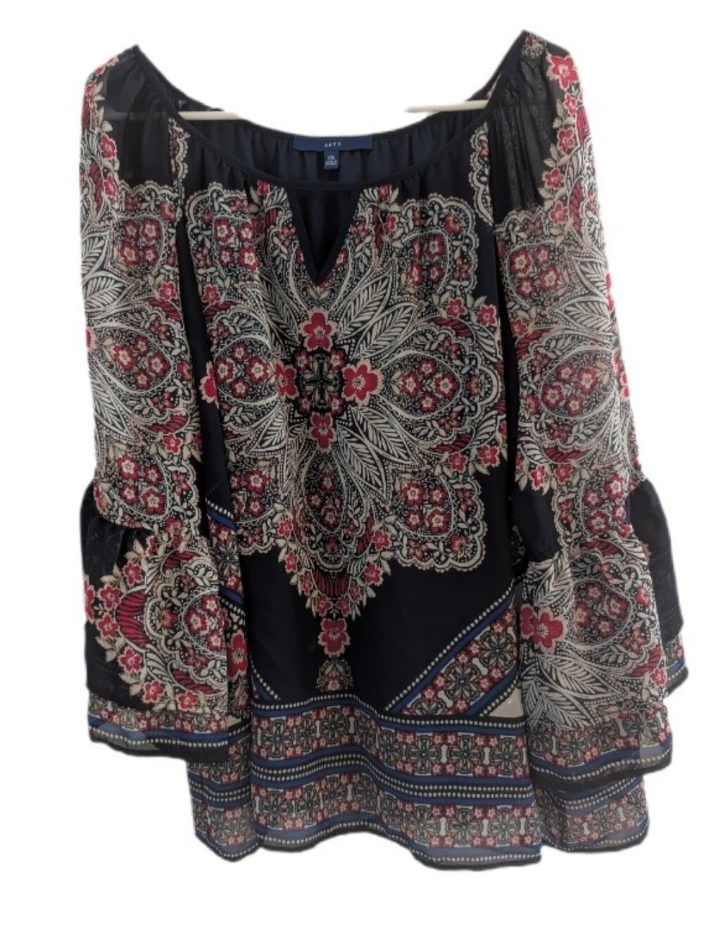Apt. 9 Dark Blue Paisley Peasant Tunic with Bell Sleeve XXL